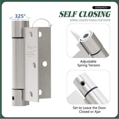3 Pack Self Closing Door Hinges 3.5 inch Satin Nickel Door Hinges Spring Loaded Auto Close Hinges Square Corners Adjustable Tension for Interior Door 3 1/2 Auto Self-Closing Hinge