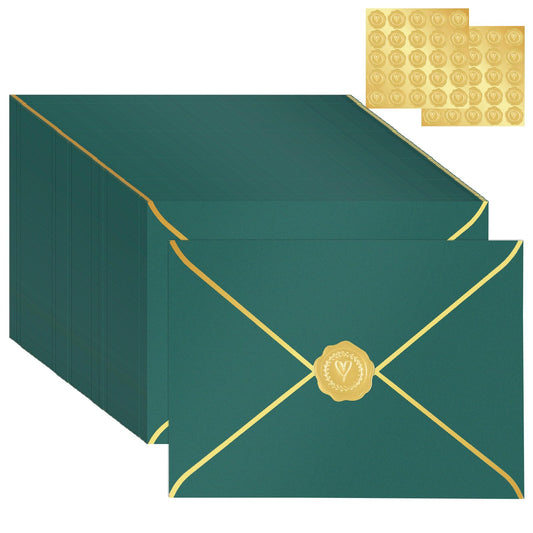Supkiir 5x7 Envelopes for Invitations, 100 Pack V Flap Green Invitation Envelopes with Gold Border, Self Adhesive Envelope for Birthday, Weddings, Graduations, Baby Shower
