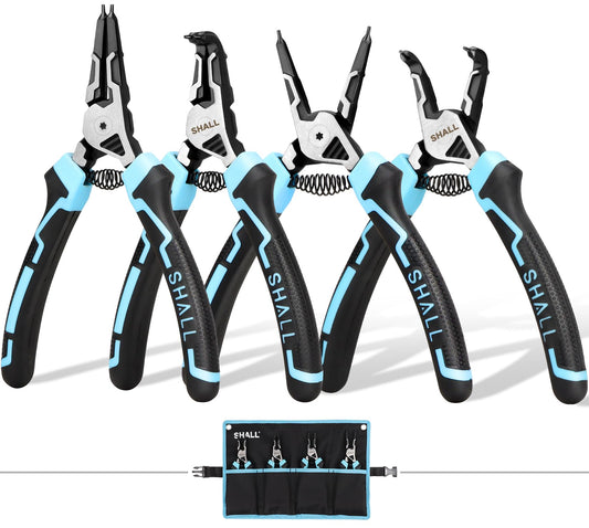 SHALL Snap Ring Pliers Set, 4-Piece Heavy Duty 7" Snap Ring Pliers, Snap Ring Pliers with 5/64" Tip, Inverted Ring Remover Bracket Pliers with Portable Case