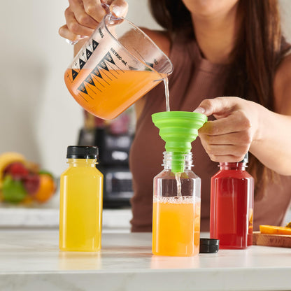 GUSTO [8 oz. - 25 Count] Reusable Juice Bottles With Caps, Labels, Brush, and Silicone Funnel - Clear Bottles with Caps, Juice Containers with lids, for All Beverages - Formerly Comfy Package