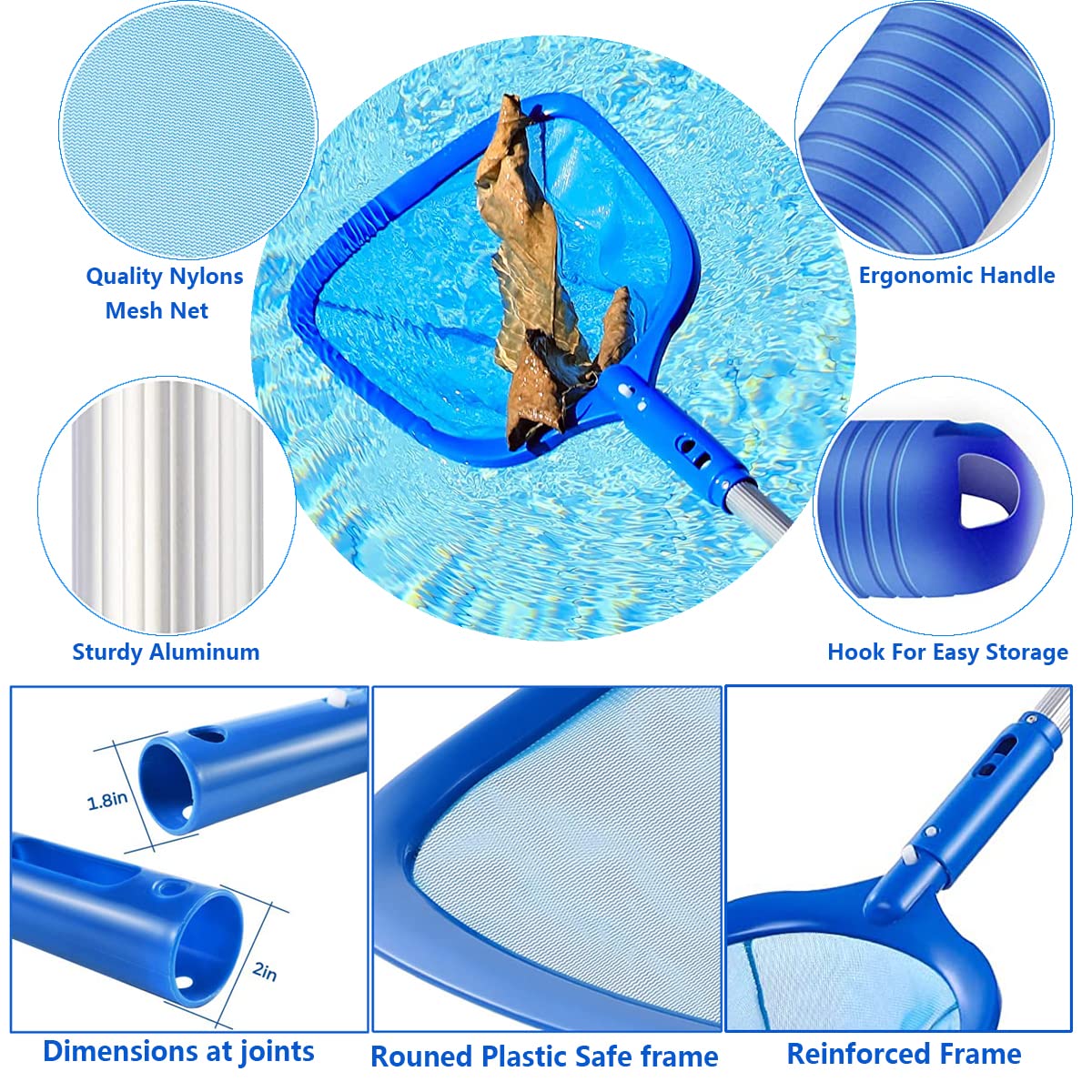 FBSPORT Pool Skimmer Net with Telescopic Pole, 59 inch Swimming Pool Leaf Net, Fine Mesh Pool Net, Pool Cleaner Maintenance Tool-Easy to Collecting Leaves for Swimming Pools, Hot Tubs, Ponds
