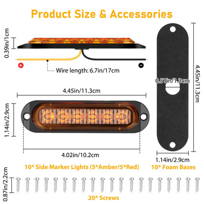 10pcs 6LED Trailer Marker Lights, Linkstyle 12V-24V Amber/Red Surface Mount Clearence Light, 4.4 Inch Waterproof Sealed Side Marker Indicators Light for Front Rear Trailer Truck RV Camper Boat