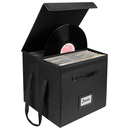 Uniclife Vinyl Record Storage Box, Collapsible LP Storage Organizer with Lid & Handles, Splash-Resistant Album Storage Crate for 120 Single Records (12"), Black Vinyl Record Holder, 13" × 13" × 13"