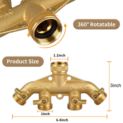 Garden Hose Splitter 4 Way, 3/4" Water Splitter with 8 Gaskets and 1 Seal Tape, 4 Way Independent Valve Heavy Duty Brass Body Garden Hose Connector for Gardens, Home Life, Household Use