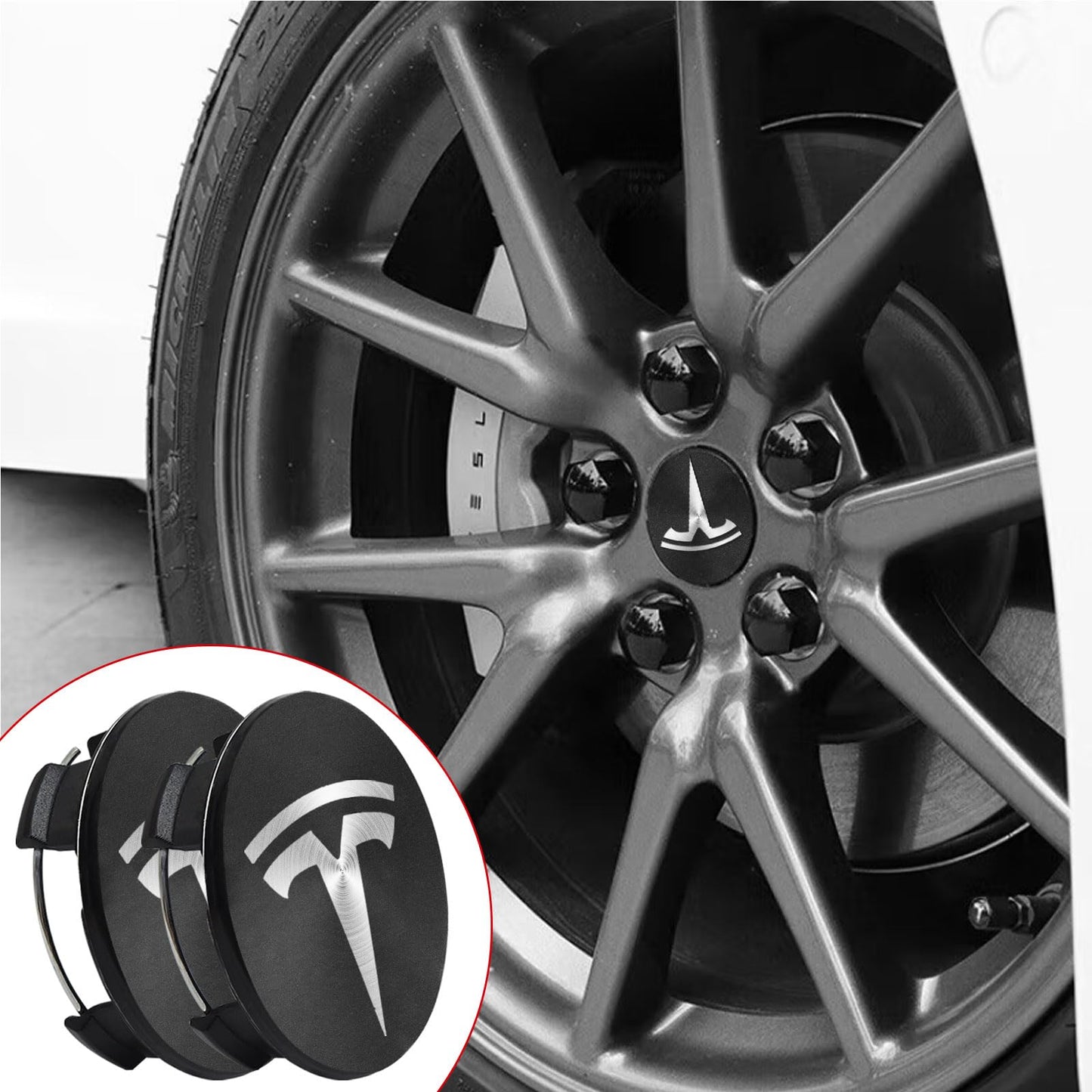 Knomix 4 Pack Exterior Decoration Wheel Center Cover for Tesla Model 3 Model Y,56mm Hubcaps Wheel Rim Cover Tesla Center Caps Hubcaps+20 Black Lug Nut Covers (Matte Black+Silver Emblem)