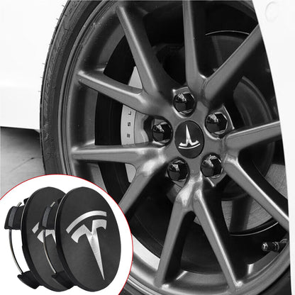 Knomix 4 Pack Exterior Decoration Wheel Center Cover for Tesla Model 3 Model Y,56mm Hubcaps Wheel Rim Cover Tesla Center Caps Hubcaps+20 Black Lug Nut Covers (Matte Black+Silver Emblem)
