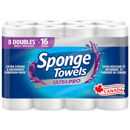 SpongeTowels UltraPRO Paper Towel, Ultra Strong & Absorbent, Choose-A-Size Sheets, 8 Double Rolls = 16 Regular Rolls
