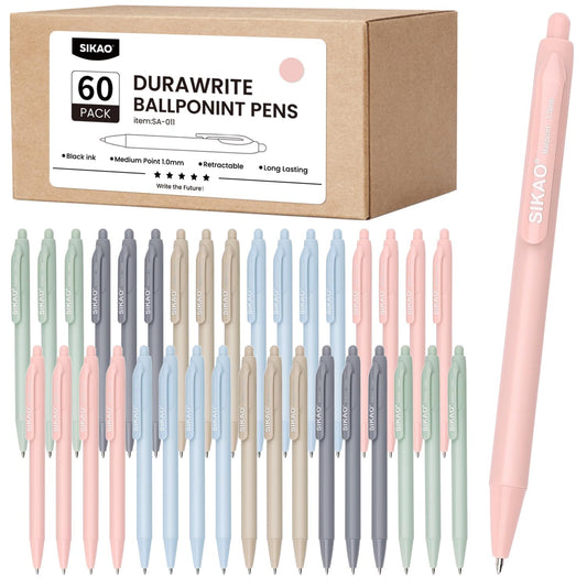 Morandi Pens Bulk, 60 Pack Retractable Ballpoint Pens Black Ink 1.0mm Medium Point, Aesthetic Bulk Pens for Smooth Writing, Cute Muted Multi-Color Set for School Supplies, Teachers & Office Front Desk