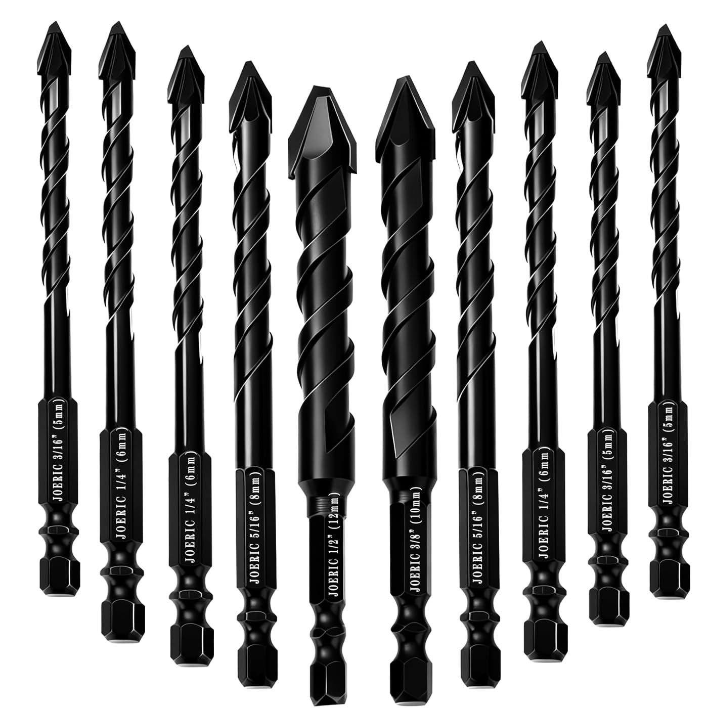 Larouoba 10pc Black Special Crooked Head Eccentric Drill Bit Set, Porcelain Tile Drill Bit Concrete Drill Bit for Glass,Brick,Plastic,Cement,Wood,Ceramic,Metal,Marble (3/16” to 1/2”).