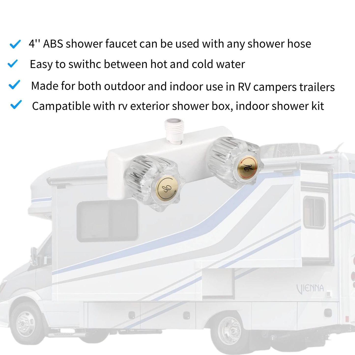 OYMOV RV Shower Faucet - 4'' Camper Faucet, RV Valve Mixer Diverter Replacement with 2 Knob Handles for Indoor and Outdoor Shower, White