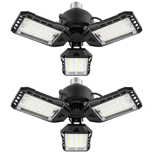 Aoretic LED Garage Lights Bulb-2 Pack Led Shop Light with 3 Deformable Panels, Basement Barn Light Garage Ceiling Lights, E26/E27 for Garage, Warehouse, Shop, Basement