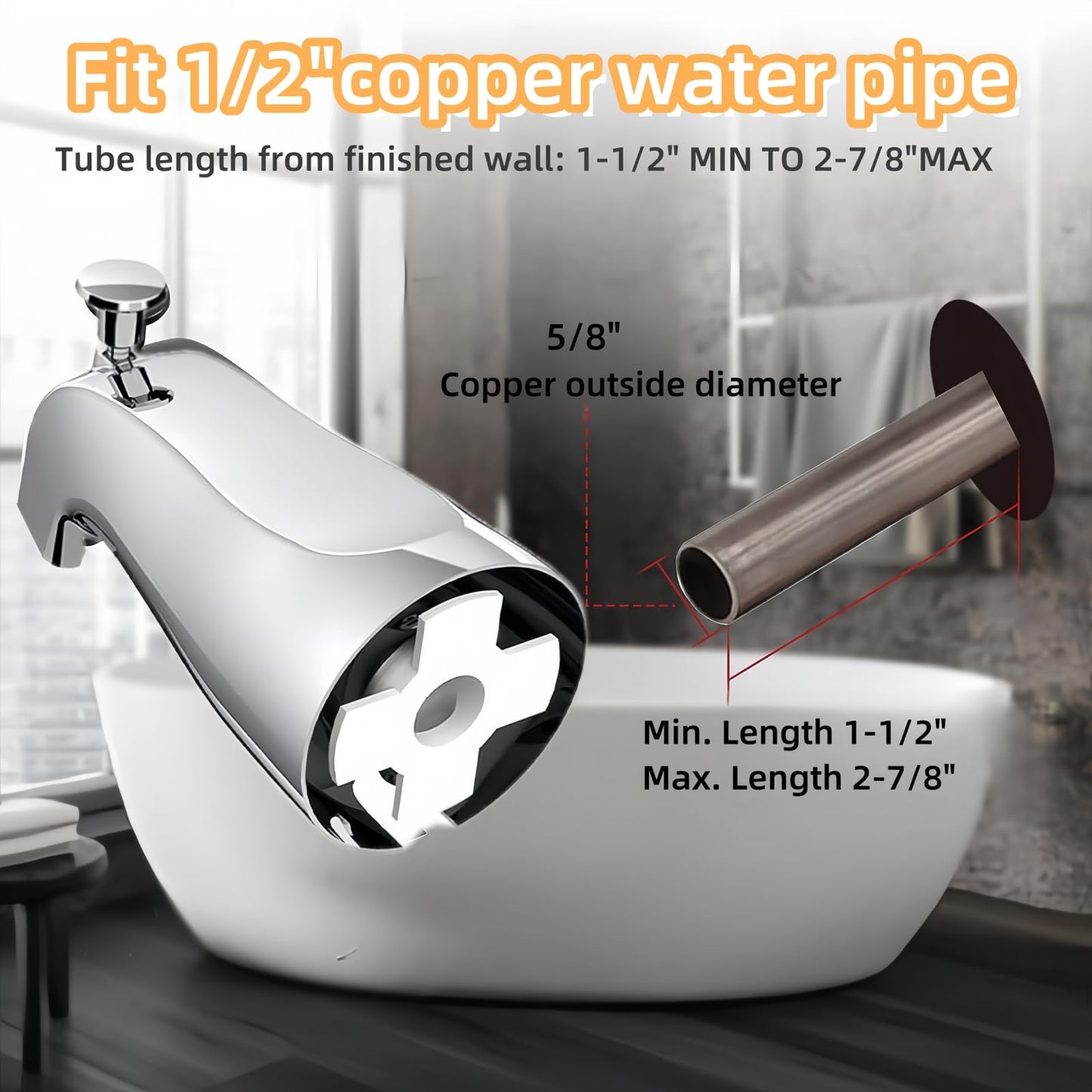 Bathtub Faucet Easy to Install Tub Spout with Diverter,North American Standard Tub Faucet Replacement Fits 1/2" Copper Water Tube(5/8" Diameter) with Hex Wrench Chrome Finish
