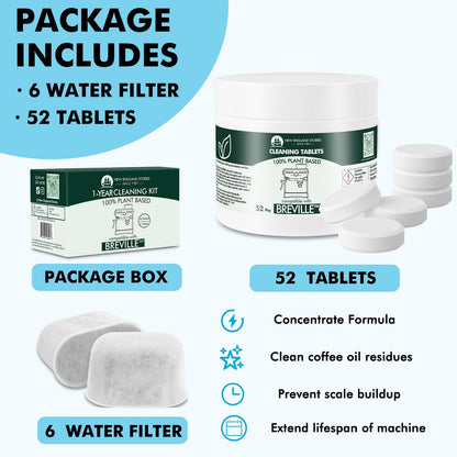6 Pack Breville Compatible Charcoal Filters with 52 Cleaning Tablets, 1 Year Breville Compatible Maintenance Kit, Espresso Machine Clean Kit for Breville Barista Pro, Breville Infuser and more