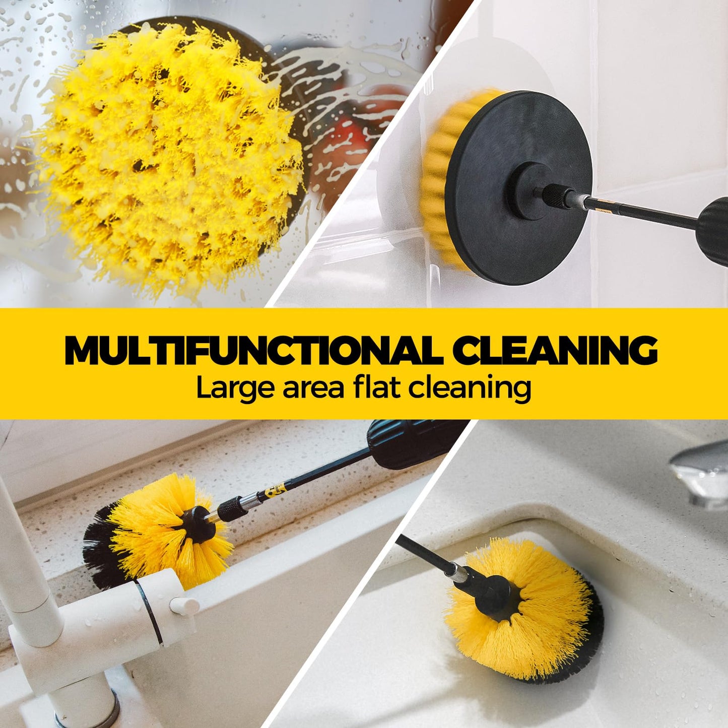 Holikme 10Pieces Drill Brush Attachments Set, Power Scrubber Brush with Extend Long Attachment，Scrub Brush，Shower Scrubber，Cleaning Supplies,Yellow