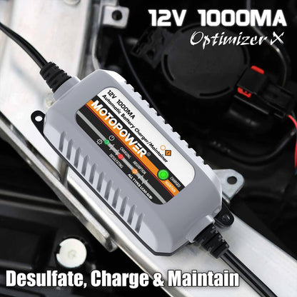 MOTOPOWER MP00205B 12V 1000mA Automatic Battery Charger, Battery Maintainer, Trickle Charger, and Battery Desulfator with Timer Protection