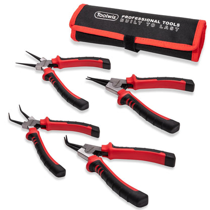 Toolwiz 4 Pcs Snap Ring Pliers Set, 7-inch Internal/External Circlip Pliers, Tip Diameter 5/64'' C Clip Pliers, Straight/Bent Jaw Snap Ring Tool for Ring Removal and Installation, with Storage Pouch