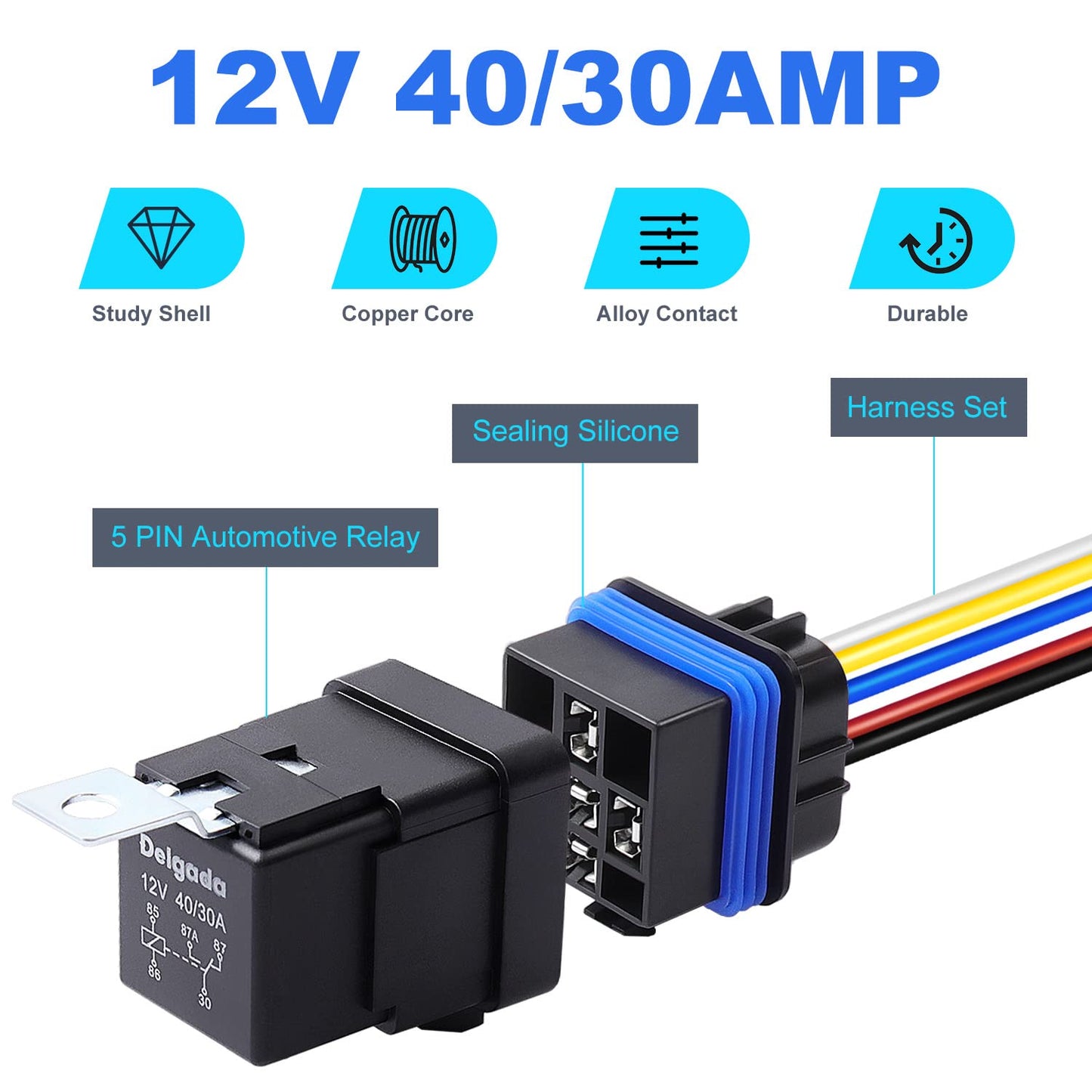 Delgada 40/30 Amp Relay 12V Waterproof Automobile Relay 5 PIN SPDT with Harness Socket Set 14 AWG Copper Wires for Boat Truck Motorcycle