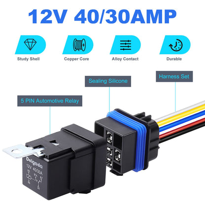 Delgada 40/30 Amp Relay 12V Waterproof Automobile Relay 5 PIN SPDT with Harness Socket Set 14 AWG Copper Wires for Boat Truck Motorcycle