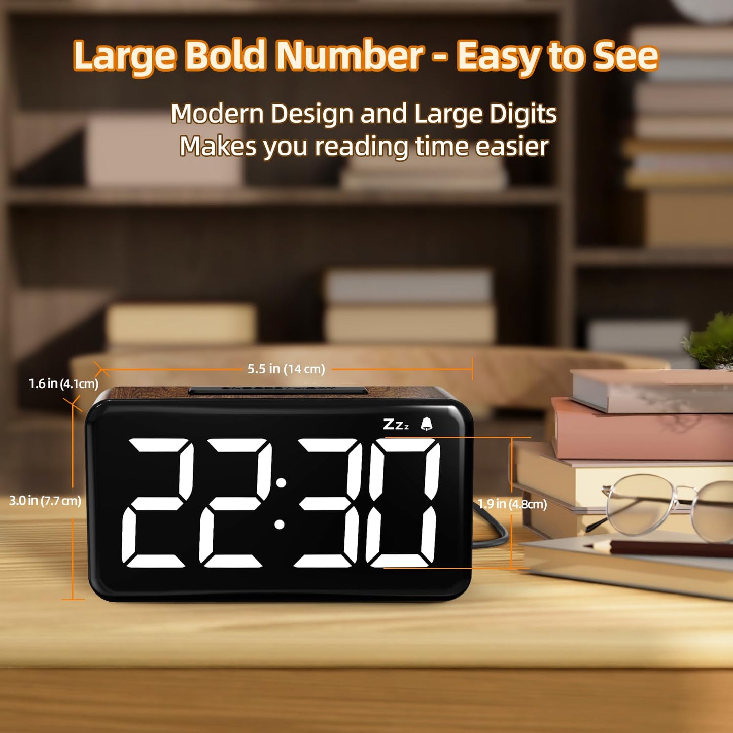 NOKLEAD Digital Alarm Clock with 5.9'' Large Display: Easy to Use for Seniors and Men, 5 Brightness, Aesthetic Room Decor Desk Clocks for Bedroom | Dorm | Living Room | Office (Brown Wood Grain)