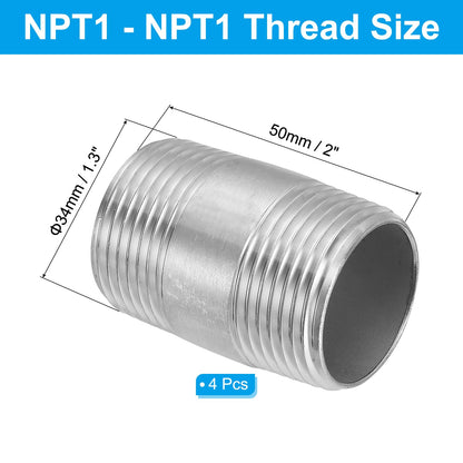 PATIKIL 304 Stainless Steel Pipe Fitting 1" NPT x 1" NPT Male Thread, 4 Pcs 2inch/50mm Length Nipple Cast Pipe Coupling Fitting Connector