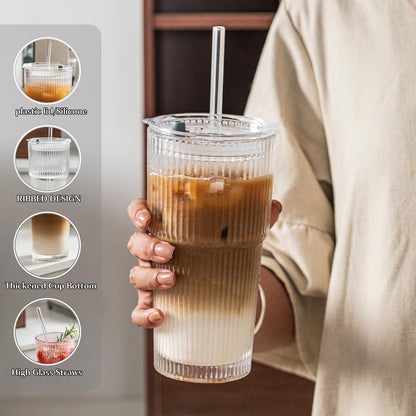 20 oz Ribbed Glass Tumblers with Lids and Glass Straws – 2-Piece Glassware Set, Heavy-Duty Tumblers, Ideal for Iced Coffee, Smoothies, Cocktails, and Juices – Elegant and Durable Drinkware