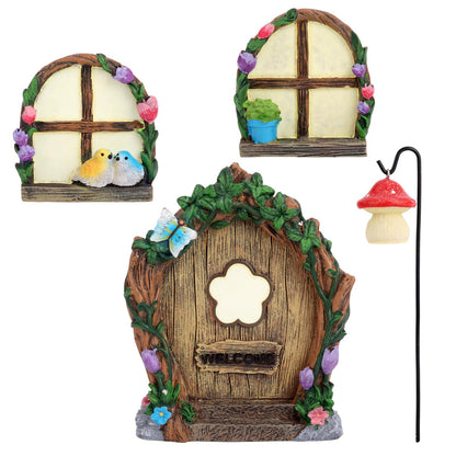 4pcs Fairy Door Windows & Lantern Set for Tree, Glow-in-The-Dark Miniature Fairy Garden Accessories for Outdoor Lawns Yard Landscape Gnome House Garden Decor