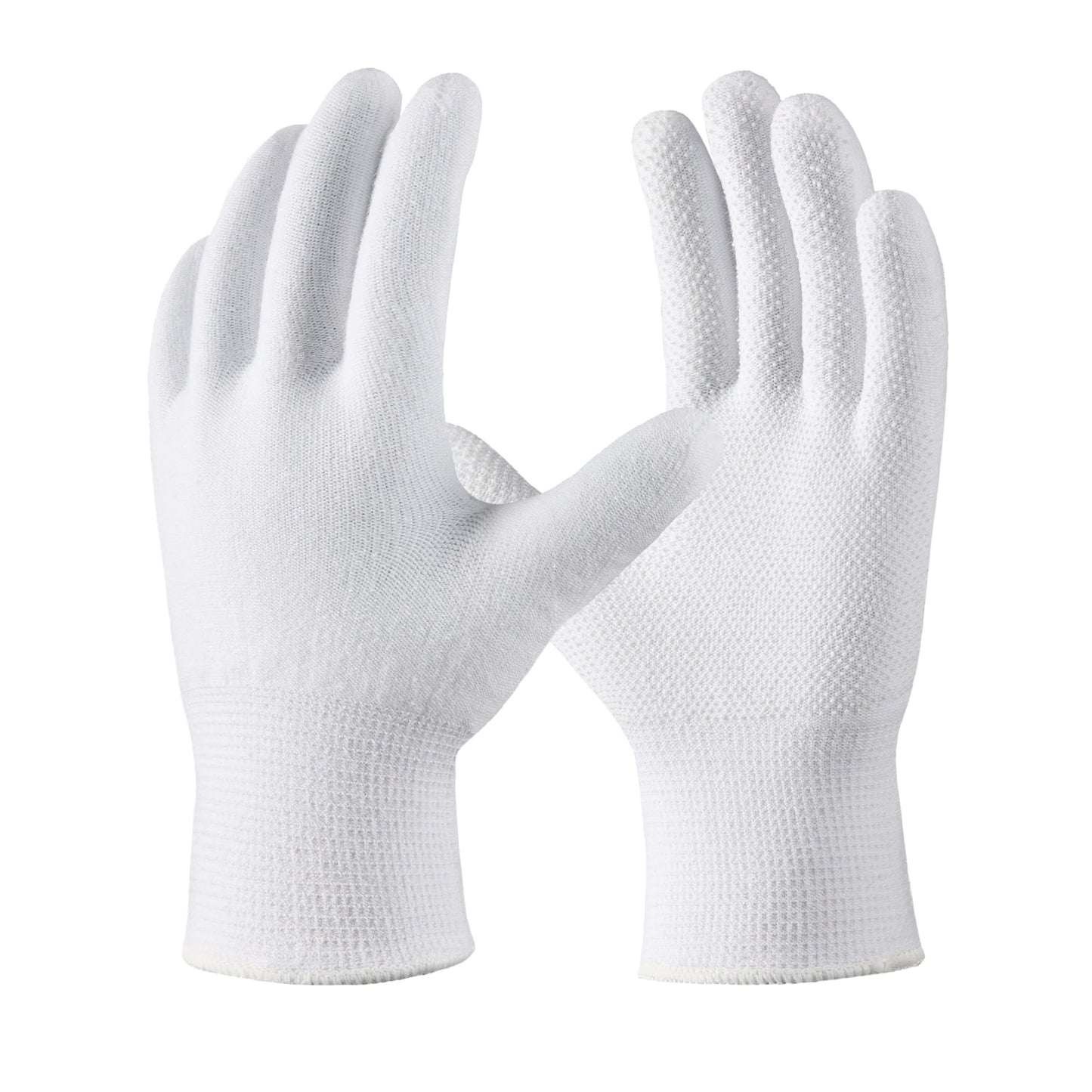 COOLJOB 12 Pairs Cotton Knit Work Gloves with Non-Slip Grip Dots, Breathable Lightweight Gloves for Construction Gardening, White, Medium Size