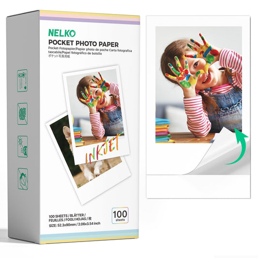 Nelko 52.3x90mm (2.06"x3.54") Premium Photo Paper, 100-Pack Genuine PP01 Pocket Printer Paper, Sticky Back Picture Paper, Compatible with Nelko PP01 Photo Printer, Easy to Peel Off, White