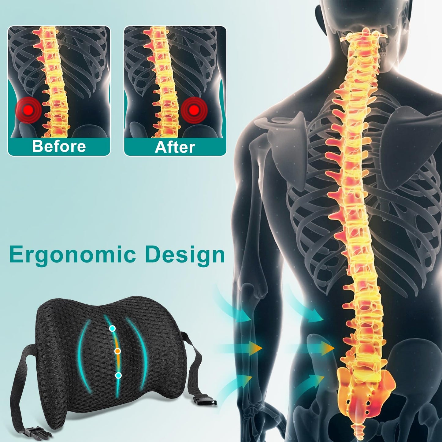 Back Support for Office Chair, Memory Foam Lumbar Pillow for Lower Back Pain Relief, Ergonomic Seat Cushion for Car, Travel, Airplane, Bed with Adjustable Strap