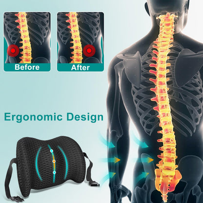 Back Support for Office Chair, Memory Foam Lumbar Pillow for Lower Back Pain Relief, Ergonomic Seat Cushion for Car, Travel, Airplane, Bed with Adjustable Strap