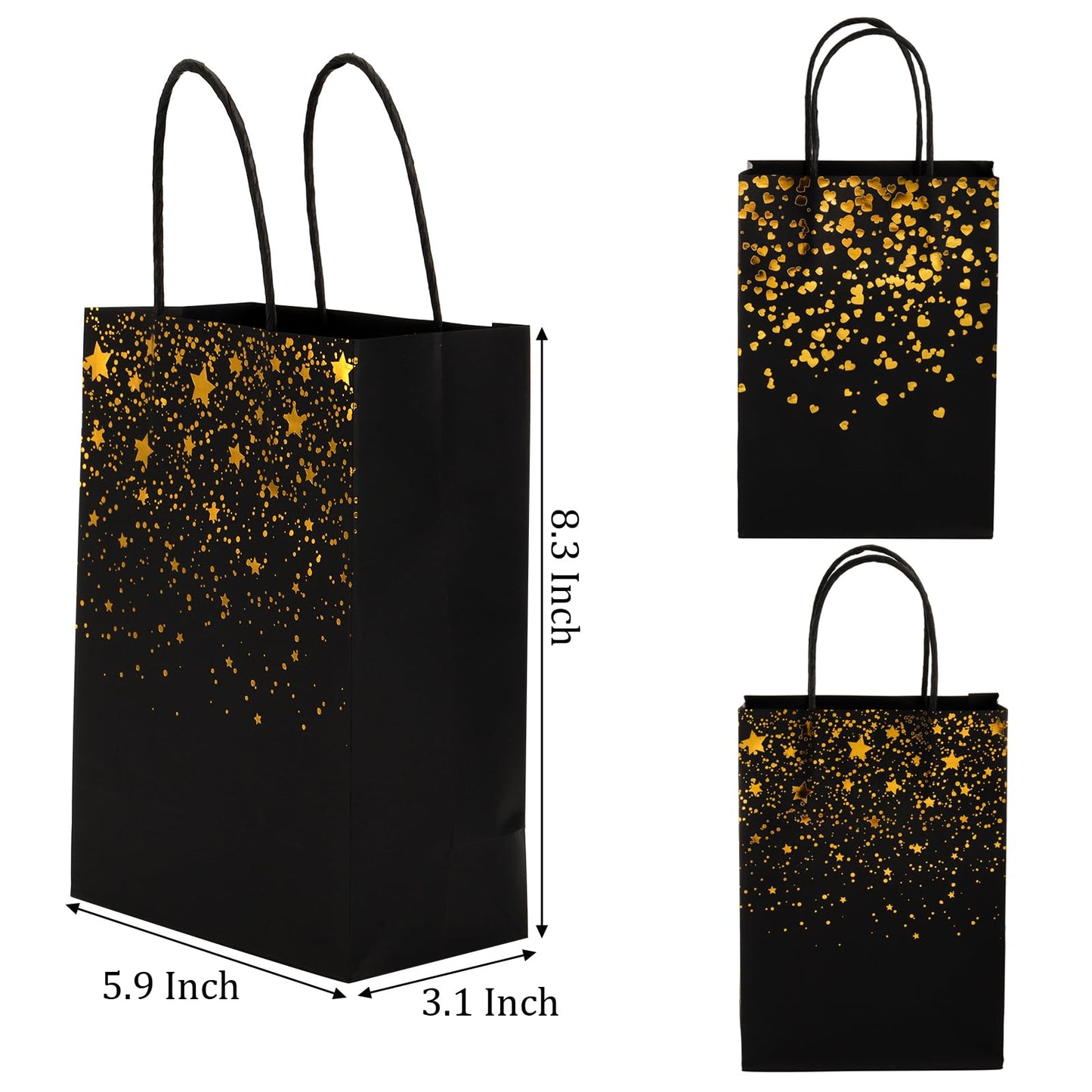 Nicunom 60 Pack Paper Gift Bags, 8.3 x 5.9 x 3.1 Inch Black Gold Gift Bags Bronzing Stars & Heart Gift Bags Bulk Kraft Party Favor Bags with Handle for Wedding Birthday Halloween Mother' Day Christmas Anniversary
