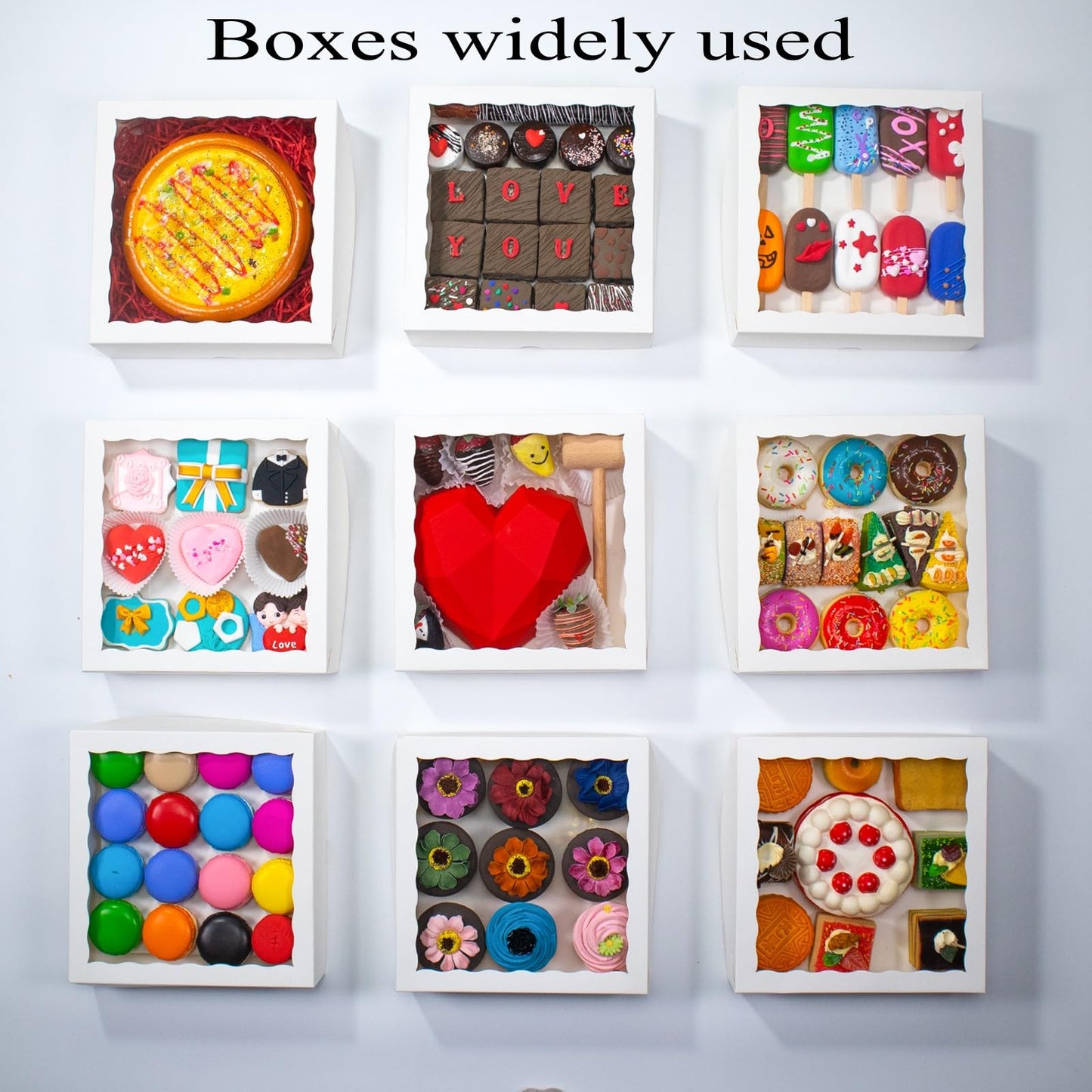 RomanticBaking 28pcs 9x9x2.5 Inches Bakery Boxes with Window for Pie, Chocolate Covered Strawberries, Breakable Heart, Cookies, Cakesickle