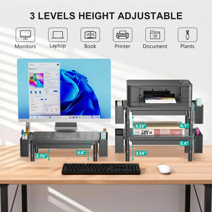 WALI Computer Monitor Stand with Storage, Monitor Riser with Drawer and Pen Holder, Laptop Riser 3 Height Adjustable, Desk Organizer for Computer, Laptop, Printer (PTT003-B), 1 Pack, Black