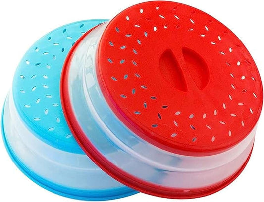 Pack of 2, Collapsible Microwave Food Cover BPA Free TPR, 10.5inch, Fruit Drainer Basket,Round with Grip Handle (RED+Blue)…