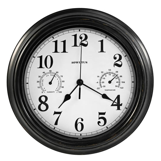 Outdoor Clock and Thermometer Hygrometer - Large Wall Clock Waterproof, Indoor Outdoor Clock Thermometer Combo for Patio, Pool, Garden, Living Room