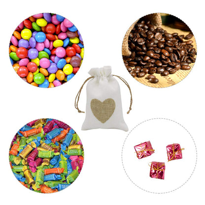 30pcs Burlap Bags, Jute Drawstring Pouches Wedding Gift Bags Jewelry Candy Pouch for Wedding Shower Birthday Christmas Party Favors DIY Craft (White with Brown Heart)