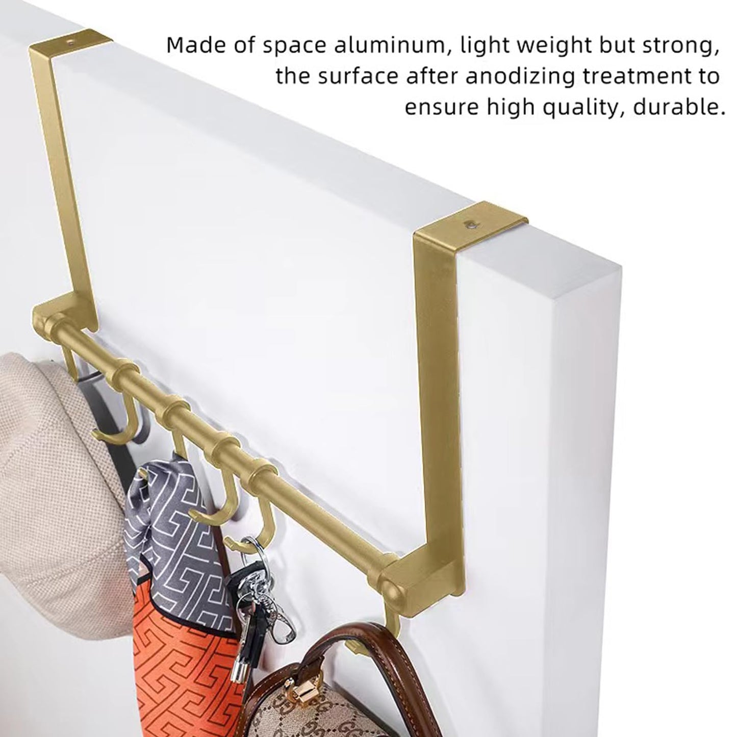 BOF Over The Door Hooks, 6 Adjustable Long Arm Hooks, Premium Space Aluminum Door Rack, Lightweight Thin Overhead Design Door Hanger, No Impact on Closing, for Bathroom, Shower, Bedroom, Front Door