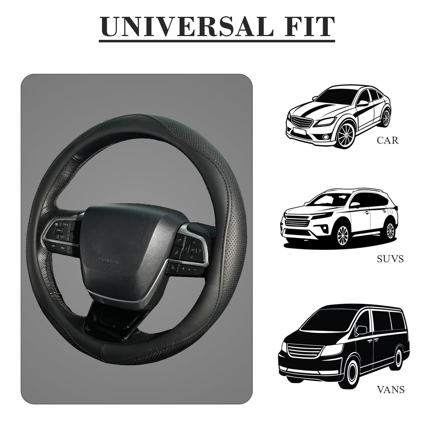 KAFEEK Steering Wheel Cover, Universal 15 inch, Microfiber Leather, Anti-Slip, Odorless, Black Lines