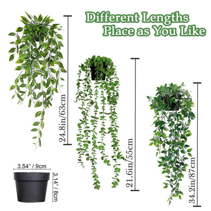 Artificial Hanging Plants 3Pcs Potted Greenery Decor - Grey Eucalyptus Mandala Snow Pea Vine in Pot Plants for Office Farmhouse Home Indoor Outdoor Decor