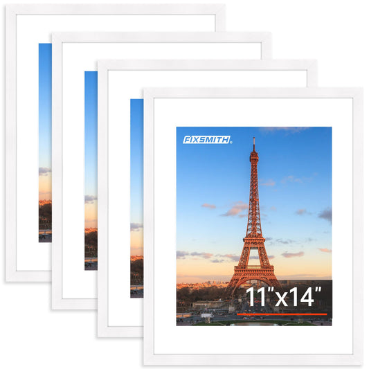 FIXSMITH 11x14 Picture Frame Bulk-4 Pack, Photo Frame with HD Plexiglass, Display Pictures 8x10 with Mat or 11x14 Without Mat, White Picture Frames Collage Wall Decor, Gallery Wall Frame