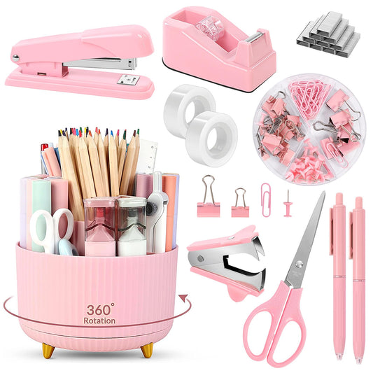 SKYDUE Pink Desk Accessories 10Pcs, 360-Degree Rotating Pen Holder, Stapler, Staple Remover, Tape Dispenser,2pcs Tape Refills, Binder Paper Clips Kit, Scissor,Pink Office Supplies