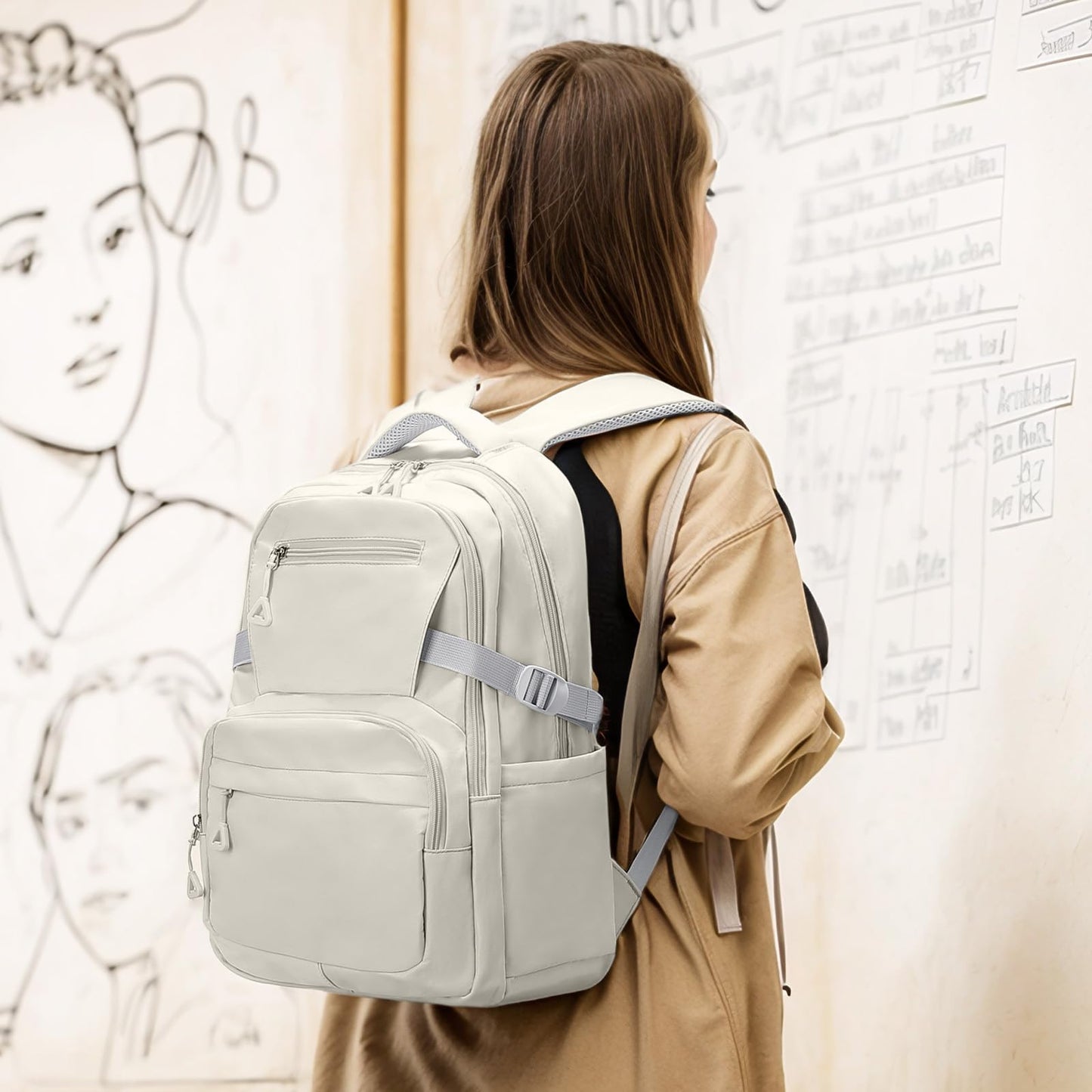 SUIKIHUM Girls Backpack, Lightweight Aesthetic Bookbag with Anti-Theft Pocket, Fit 15.6 Inch Laptop Backpack for College and Daily Use (Beige)
