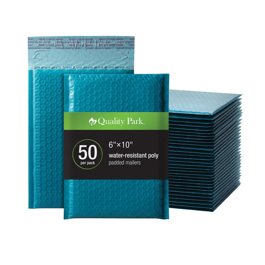 Quality Park Bubble Mailers, 6 x 9 Shipping Envelopes, Water Resistant Blue Poly Padded Envelopes, Redi-Strip Peel Off Closure, 50 Per Box (QUA85862)