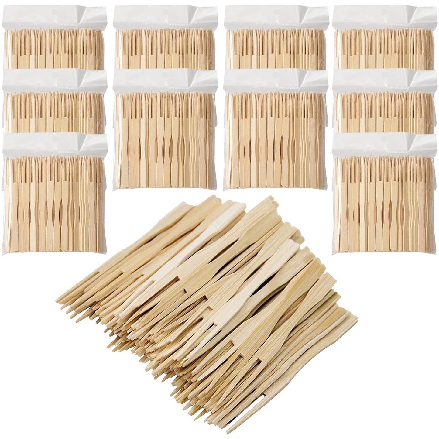 1000 Pcs Bamboo Forks, BetterJonny Disposable Forks Two Prongs Skewers Blunt End Toothpicks Mini Cocktail Tasting Forks Fruit Food Picks for Party, Banquet, Buffet and Daily Life