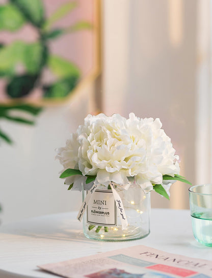 BLOSMON White Fake Flowers with Vase: Small Coffee Table Decor Bathroom Hydrangea Faux Flowers in Vase Office Desk Shelf Home Living Room Bedroom Vanity nightstand Decorations Floral Arrangement