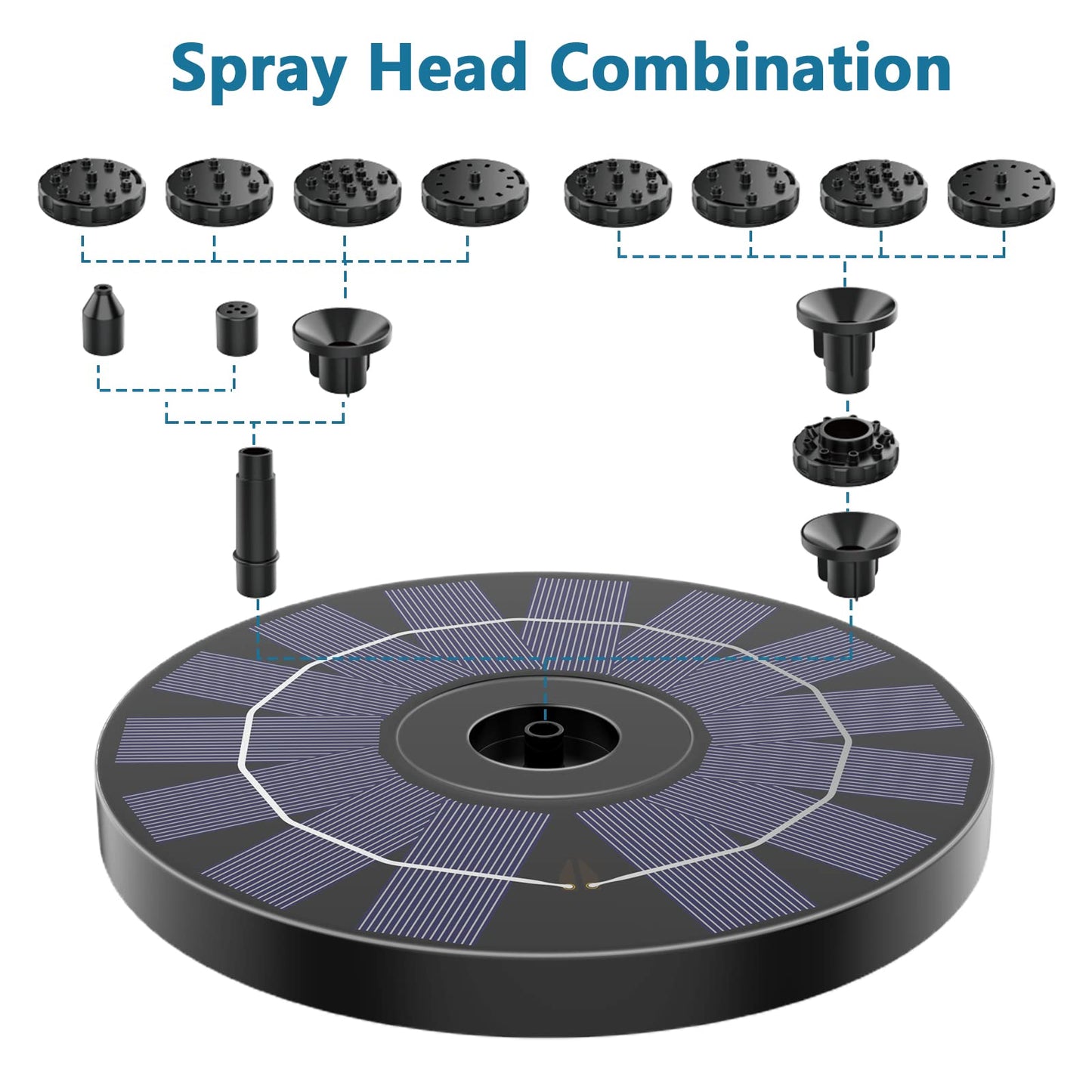 AMZtime Solar Fountain Pump 3.5W Bird Bath Fountain Solar Powered Water Fountain with 8 Nozzle & 4 Fixer, Solar Fountain Pump for Bird Bath, Garden, Pond, Pool (180mm)