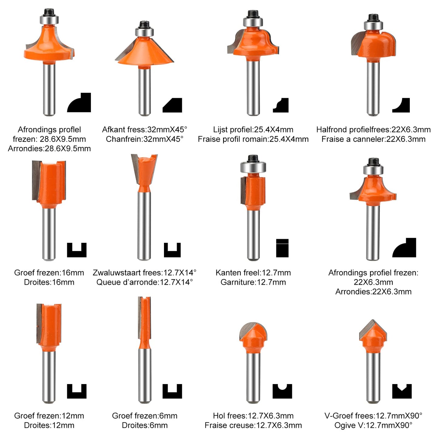 Yueqing Zhongji 1/4 Shank Router Bit Router bits 1/4 Shank-6.35MM Shank 12 Piece Router bit Set Tungsten Carbide Router Bit Professional Level Router bits 1/4 Shank Set ﻿