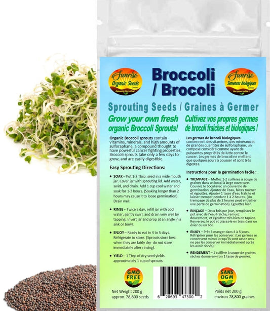 Broccoli Sprouting Seeds | Brocoli Graines à Germer | Organic & Non-GMO | Net Wt. 200 Grams (Approx. 78,800 Seeds) | High Germination Rate | Packaged in Canada