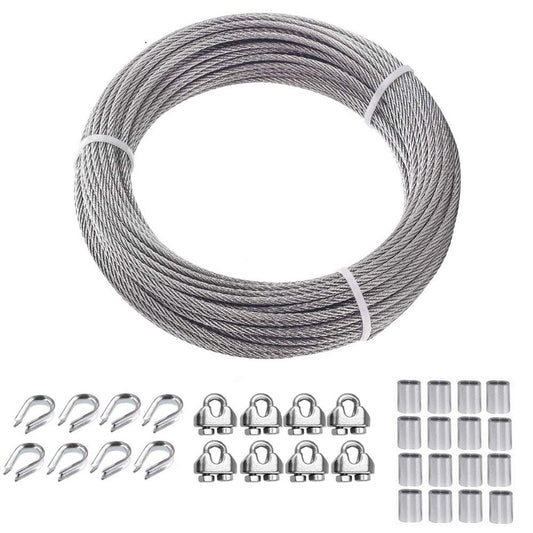 TooTaci 1/8 Wire Rope Kit, 50ft T316 Stainless Steel Cable,1/8 Aircraft Cable with 8pcs Wire Rope Clips and Steel Thimbles, 16pcs Crimping Loops, for Shade Sails, Clothesline, Deck Railing