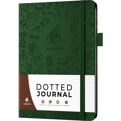 Clever Fox Dotted Journal 2.0 – Compact Planning and Sketching Dot Grid Notebook 120 GSM Thick, No-Bleed Paper – Planner with Pen Loop, Pocket, Ribbons, Stickers – A5 – Forest Green